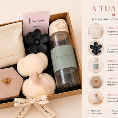 Conjunto de box com bolsa, ambientador de carro, garrafa de água, caixa de joias e porta-chaves peluche