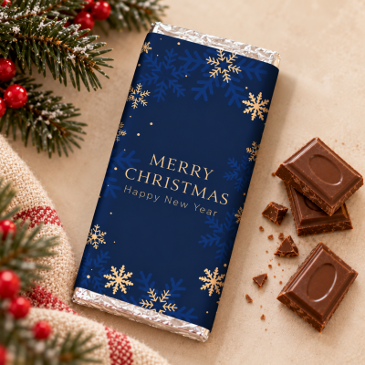 Barra de chocolate com embalagem azul decorada com flocos de neve e texto de Natal