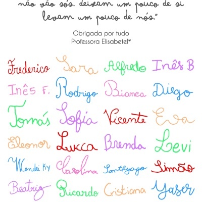 Papel branco com citação de agradecimento e vários nomes coloridos escritos à mão.