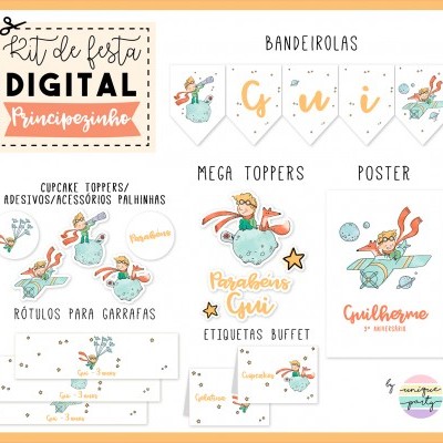 Kit digital de festa Principizinho com bandeirolas, toppers, rótulos, etiquetas e poster decorativos em tons pastel e laranja.