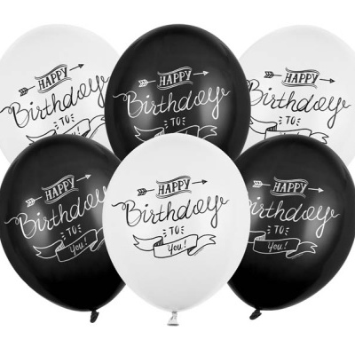 Seis balões de festa a preto e branco com mensagem de aniversário.