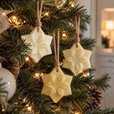 Três ornamentos de estrela creme numa árvore de Natal com luzes