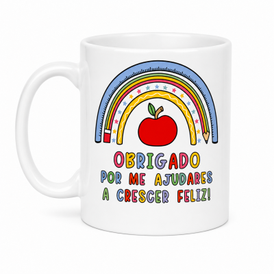 Caneca branca com design colorido de régua, lápis, maçã e texto de agradecimento