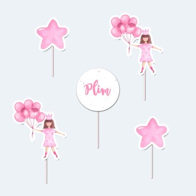 toppers para bolos rosa com estrelas, meninas com balões e círculo com palavra Plim