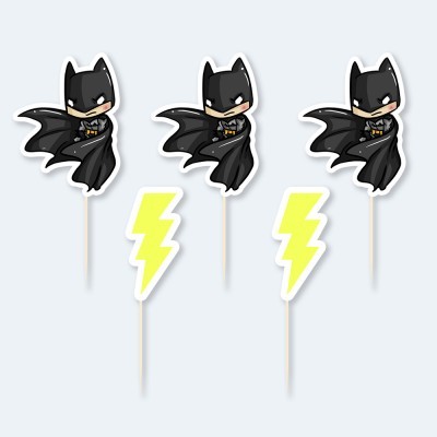 Cinco toppers decorativos de papel com figuras de Batman e símbolos de relâmpago amarelo