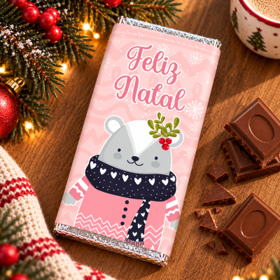 Barra de chocolate de Natal com urso polar e texto Feliz Natal