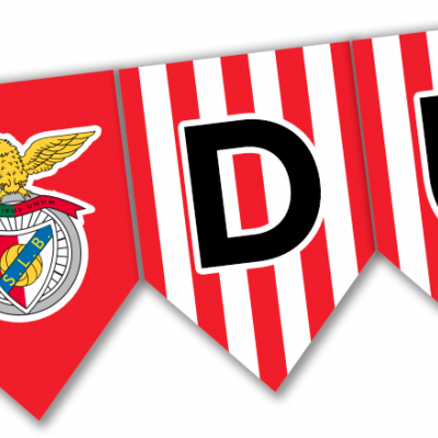 Faixa decorativa vermelha e branca com emblema do Benfica e letras 'DU'