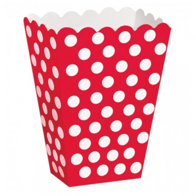Caixa vermelha de papel para pipocas com bolinhas brancas