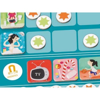 Peças de jogo magnéticas coloridas com ilustrações de menina, TV, doces e basquetebol