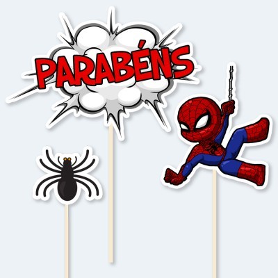 Toppers para bolo Homem-Aranha com palavra PARABÉNS e teia de aranha