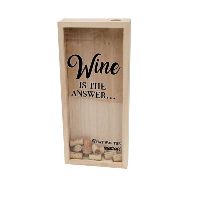 Caixa decorativa para rolhas em madeira clara com texto e rolhas visíveis