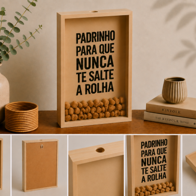 Quadro de madeira com rolhas de cortiça e texto preto, vaso cerâmico com planta e livros sobre mesa de madeira