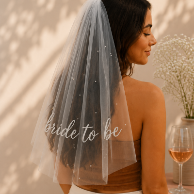 Véu de noiva branco com pérolas e texto bride to be
