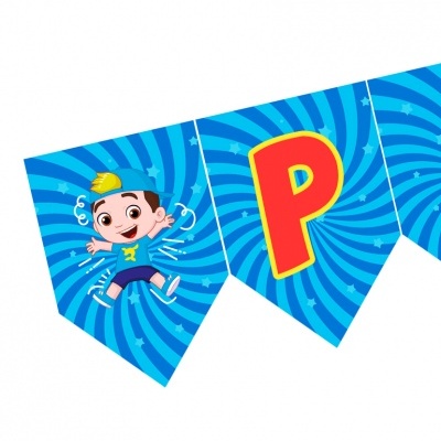 Bandeirola azul com desenho de criança e letra P em vermelho.