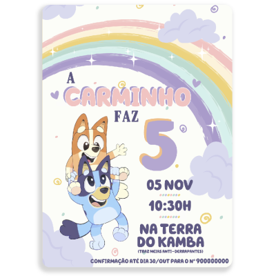 Cartaz colorido com texto de convite de aniversário e personagens de cãezinhos