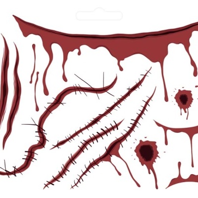 Tatuagens temporárias de sangue e cicatrizes costuradas