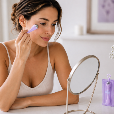 Mulher a usar dispositivo de cuidado facial lilás perto de espelho redondo sobre mesa branca com flores e recipiente.