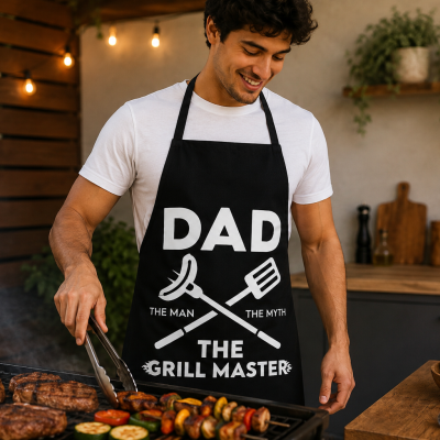 Avental preto de churrasco com texto branco usado por homem a grelhar em cozinha exterior
