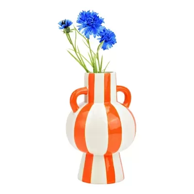 Vaso cerâmico branco com riscas laranja e flores azuis