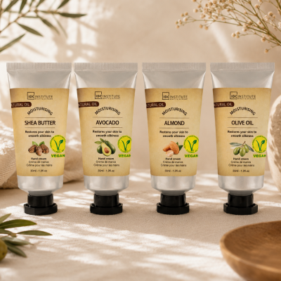 Quatro tubos de creme de mãos IDC Institute com diferentes ingredientes naturais e selo vegan