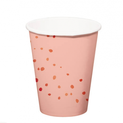 Copo de papel rosa com manchas vermelhas e laranja