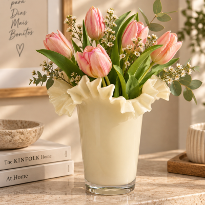 Vaso creme com tulipas cor de rosa e flores brancas numa superfície de mármore