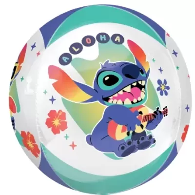 Bola insuflável branca com personagem Stitch e texto ALOHA