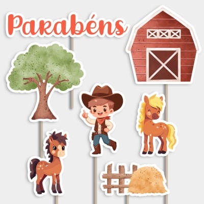 Decoração festa infantil tema fazenda com cowboy, cavalos, árvore, celeiro e palha em estilo cartoon