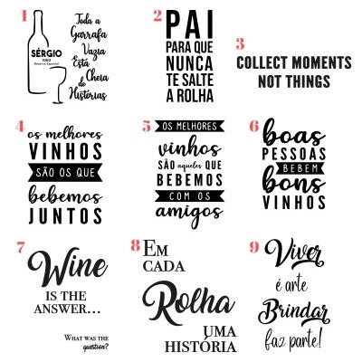 Etiquetas autocolantes com frases sobre vinho em vários estilos e fontes