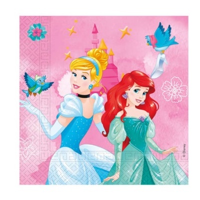Guardanapo papel com princesas Disney Cinderela e Ariel em fundo rosa
