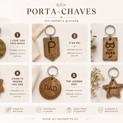 Porta-chaves de madeira gravada em vários formatos e textos decorativos