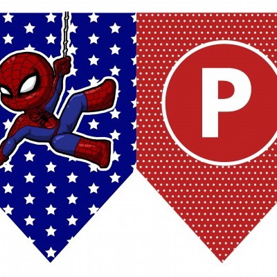 Bandeirolas de tecido azul com estrelas e Homem-Aranha, vermelha com pontos e letra P