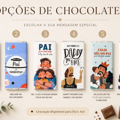 Seis barras de chocolate com embalagens comemorativas para Dia do Pai e avô com ilustrações e textos em português e inglês.