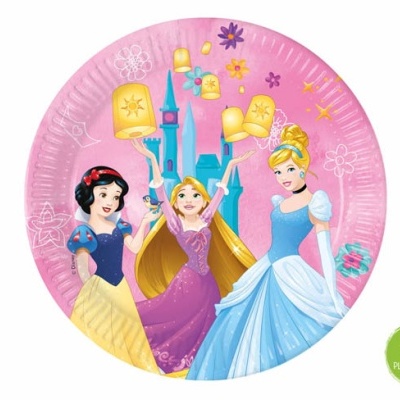 Prato de papel rosa com personagens Disney e selo 100% PLASTIC FREE