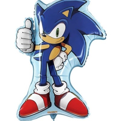 Balão metálico em forma do personagem Sonic azul com polegar para cima