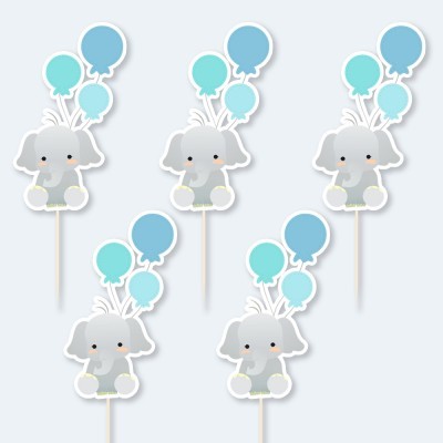 Cinco toppers para bolos com elefante e balões azuis