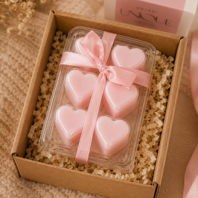Caixa de presentes com velas em forma de coração cor-de-rosa e fita rosa, sobre superfície bege texturada