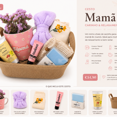 Cesto com produtos de cuidado pessoal e flores para presente de Dia da Mãe