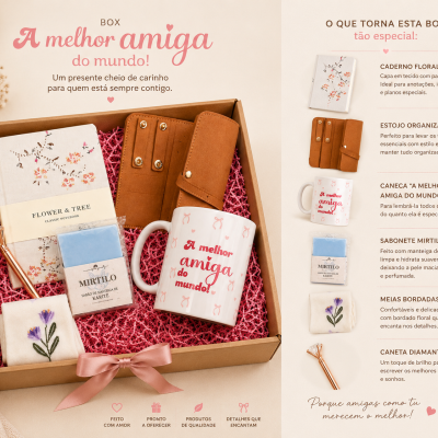 Caixa de presente com caderno floral, estojo organizador, caneca com texto, sabonete, meias bordadas e caneta diamante