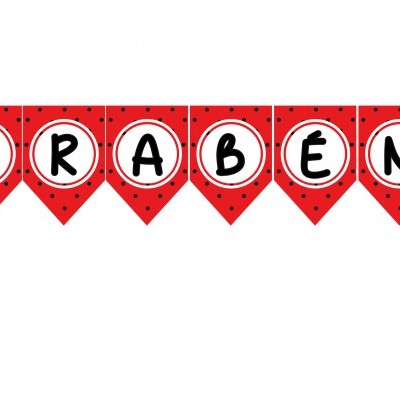 Faixa decorativa vermelha com letras formando 'PARABÉNS' e imagens dos Miraculous