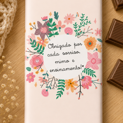 Barra de chocolate com embalagem decorativa floral e mensagem de agradecimento em português.