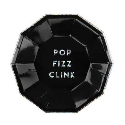 Prato preto descartável com texto POP FIZZ CLINK