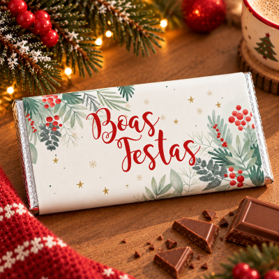 Barra de chocolate embrulhada em papel de Natal com texto Boas Festas