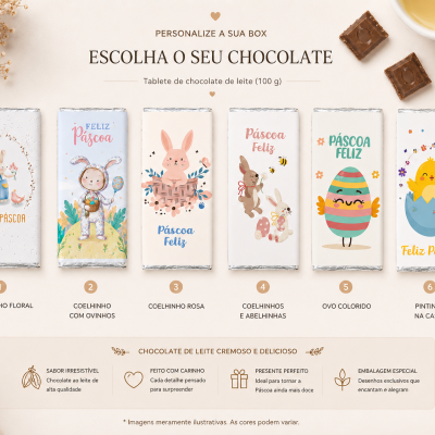 Seis tabletes de chocolate de leite com embalagens temáticas de Páscoa sobre fundo bege