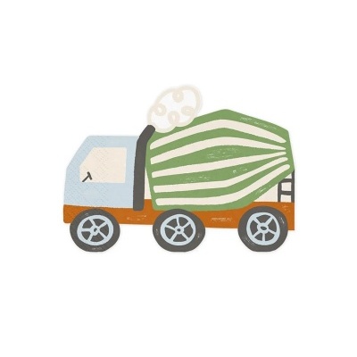 Ilustração de um camião misturador de betão em azul, verde e castanho