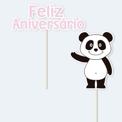 Toppers para bolos com texto 'Feliz Aniversário' e urso panda