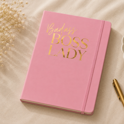 Caderno rosa com texto dourado Badass BOSS LADY numa mesa com caneta dourada e flores brancas