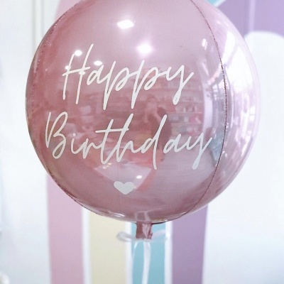 Balão rosa metálico com texto Happy Birthday branco