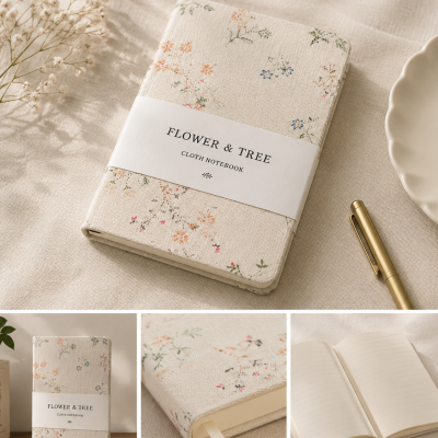 Caderno com capa de tecido floral e páginas pautadas aberto e fechado em fundo neutro