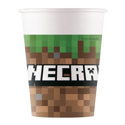 Copo de papel com design Minecraft pixelizado e texto